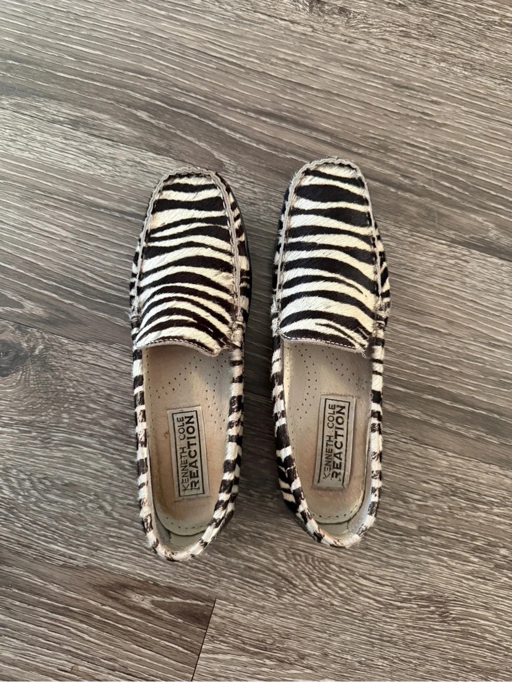 Kenneth Cole Reaction y2k zebra print calf hair slip-on loafers
